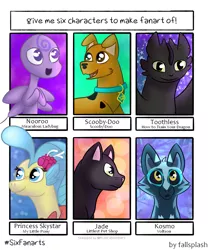 Size: 1005x1200 | Tagged: artist:fallsplash, bust, cat, collar, crossover, :d, derpibooru import, dog, dragon, eyelashes, female, how to train your dragon, jade (character), littlest pet shop, male, miraculous ladybug, my little pony: the movie, nooroo, open mouth, princess skystar, safe, scooby doo, seapony (g4), six fanarts, smiling, toothless the dragon, voltron