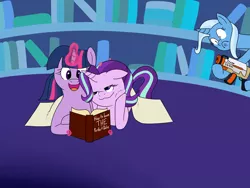 Size: 4896x3672 | Tagged: safe, artist:aaron amethyst, derpibooru import, starlight glimmer, trixie, twilight sparkle, twilight sparkle (alicorn), alicorn, pony, unicorn, blanket, book, female, heart, image, jealous, lesbian, library, love triangle, mare, png, reading, shipping, super soaker, this will not end well, trixie is not amused, twilight's castle, twilight's castle library, twistarlight, unamused, watergun