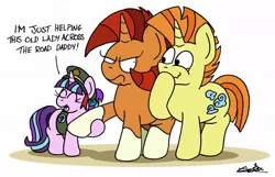Size: 1024x658 | Tagged: safe, artist:bobthedalek, derpibooru import, starlight glimmer, stellar flare, sunspot (character), pony, unicorn, angry, atg 2020, burn, crying, cute, female, filly, filly guides, filly starlight glimmer, foal, glare, glimmerbetes, hoof over mouth, implied firelight, laughing, male, mare, newbie artist training grounds, offscreen character, smiling, smirk, stallion, stellar flare is not amused, tears of laughter, this will end in a night on the couch, this will end in divorce, trio, wavy mouth, younger