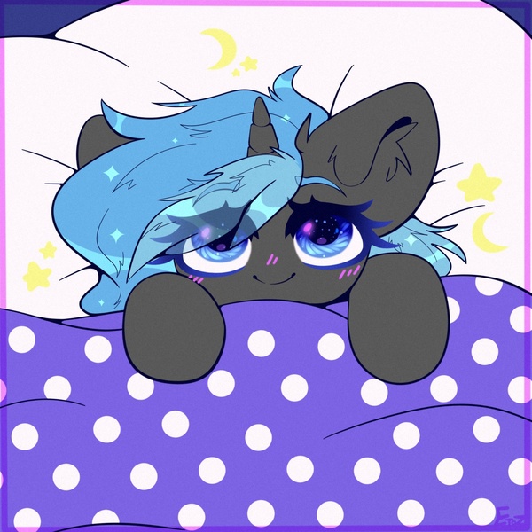 Size: 1939x1939 | Tagged: safe, artist:etoz, derpibooru import, oc, oc:nappy, unofficial characters only, unicorn, bed, blushing, mimir, smiling, solo