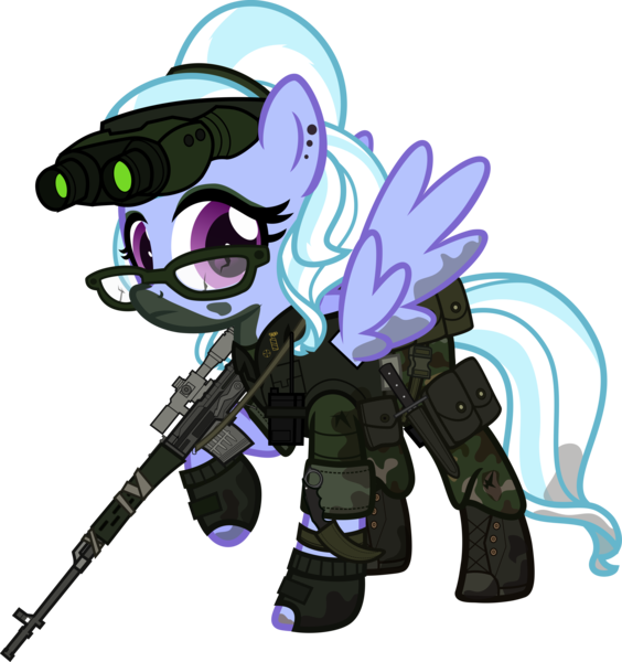 Size: 5000x5321 | Tagged: safe, artist:n0kkun, derpibooru import, sugarcoat, ponified, pegasus, pony, belt, boots, camouflage, clothes, commission, dirt, dragunov, ear piercing, earring, equestria girls ponified, eyeshadow, female, fingerless gloves, glasses, gloves, goggles, gun, hairband, holster, jewelry, karambit, knife, makeup, mare, mercenary, mud, night vision goggles, pants, piercing, pouch, radio, raised hoof, rifle, shoes, simple background, sniper rifle, solo, transparent background, walkie talkie, weapon