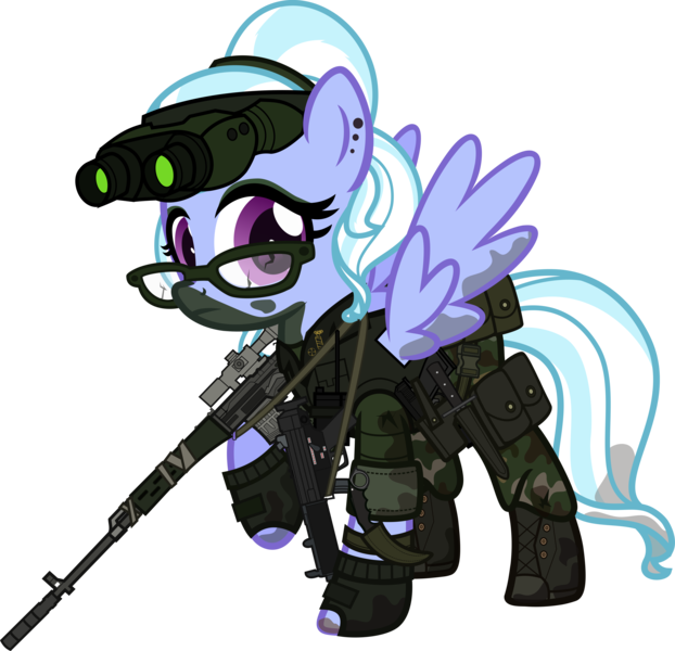 Size: 6000x5792 | Tagged: safe, artist:n0kkun, derpibooru import, sugarcoat, ponified, pegasus, pony, belt, boots, camouflage, clothes, commission, dirt, dragunov, ear piercing, earring, equestria girls ponified, eyeshadow, female, fingerless gloves, glasses, gloves, goggles, gun, hairband, holster, jewelry, karambit, knife, makeup, mare, mercenary, mp5, mud, night vision goggles, pants, piercing, pouch, radio, raised hoof, rifle, shoes, simple background, sniper rifle, solo, submachinegun, transparent background, walkie talkie, weapon