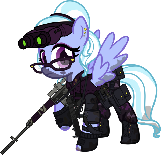 Size: 6000x5792 | Tagged: safe, alternate version, artist:n0kkun, derpibooru import, sugarcoat, ponified, pegasus, pony, belt, boots, camouflage, clothes, commission, dirt, dragunov, ear piercing, earring, equestria girls ponified, eyeshadow, female, fingerless gloves, glasses, gloves, goggles, gun, hairband, holster, jewelry, karambit, knife, makeup, mare, mercenary, mp5, mud, night vision goggles, pants, piercing, pouch, radio, raised hoof, rifle, shoes, simple background, sniper rifle, solo, submachinegun, transparent background, walkie talkie, weapon