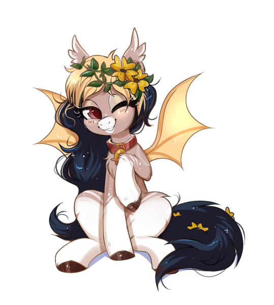 Size: 1318x1466 | Tagged: safe, artist:confetticakez, derpibooru import, oc, unofficial characters only, bat pony, pony, bat pony oc, bat wings, bell, collar, ear fluff, female, floral head wreath, flower, looking at you, mare, one eye closed, simple background, sitting, solo, white background, wings, wink