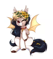 Size: 1318x1466 | Tagged: safe, artist:confetticakez, derpibooru import, oc, unofficial characters only, bat pony, pony, bat pony oc, bat wings, bell, collar, ear fluff, female, floral head wreath, flower, looking at you, mare, one eye closed, simple background, sitting, solo, white background, wings, wink