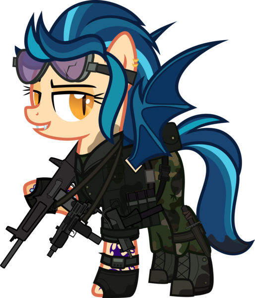 Size: 5000x5842 | Tagged: safe, artist:n0kkun, derpibooru import, indigo zap, ponified, bat pony, pony, aa-12, bat ponified, belt, boots, camouflage, clothes, commission, dirt, ear piercing, earring, equestria girls ponified, fangs, female, fingerless gloves, gloves, goggles, grin, gun, jacket, jewelry, mac-10, mare, mercenary, mud, pants, piercing, pouch, race swap, shoes, shotgun, simple background, smiling, solo, submachinegun, tattoo, transparent background, uzi, vest, watch, weapon, wristwatch