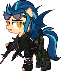 Size: 5000x5842 | Tagged: safe, artist:n0kkun, derpibooru import, indigo zap, ponified, bat pony, pony, aa-12, bat ponified, belt, boots, camouflage, clothes, commission, dirt, ear piercing, earring, equestria girls ponified, fangs, female, fingerless gloves, gloves, goggles, grin, gun, jacket, jewelry, mac-10, mare, mercenary, mud, pants, piercing, pouch, race swap, shoes, shotgun, simple background, smiling, solo, submachinegun, tattoo, transparent background, uzi, vest, watch, weapon, wristwatch