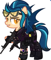 Size: 5000x5842 | Tagged: safe, alternate version, artist:n0kkun, derpibooru import, indigo zap, ponified, bat pony, pony, aa-12, bat ponified, belt, boots, camouflage, clothes, commission, dirt, ear piercing, earring, equestria girls ponified, fangs, female, fingerless gloves, gloves, goggles, grin, gun, jacket, jewelry, mac-10, mare, mercenary, mud, pants, piercing, pouch, race swap, shoes, shotgun, simple background, smiling, solo, submachinegun, tattoo, transparent background, uzi, vest, watch, weapon, wristwatch