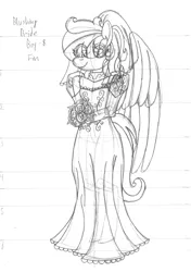 Size: 2550x3620 | Tagged: anthro, artist:supra80, black and white, bouquet, bridal veil, clothes, crossdressing, derpibooru import, dress, femboy, flower, grayscale, male, monochrome, oc, oc:cold front, pegasus, rose, safe, sketch, traditional art, wedding dress, wings