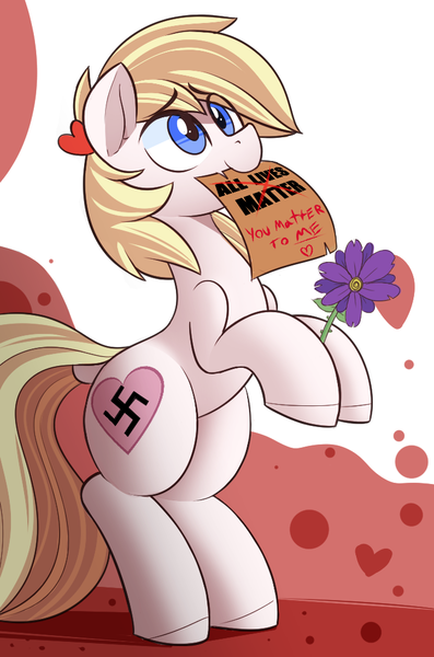 Size: 681x1029 | Tagged: safe, alternate version, artist:nignogs, derpibooru import, oc, oc:aryanne, earth pony, pony, art pack:marenheit 451, /mlp/, 4chan, abstract background, aryan pony, bipedal, cute, drama bait, female, flower, heart, hoof hold, looking up, mare, mouth hold, nazi, nom, paper, smiling, solo, swastika