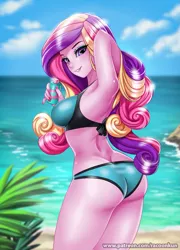 Size: 785x1090 | Tagged: anime, armpits, artist:racoonsan, ass, beach, bikini, breasts, busty princess cadance, butt, clothes, colored, color edit, derpibooru import, edit, editor:drakeyc, equestria girls edit, eyeshadow, female, fingernails, human, humanized, long hair, looking at you, looking back, looking back at you, lovebutt, makeup, milf, nail polish, outdoors, patreon, patreon logo, princess cadance, skin color edit, smiling, solo, solo female, suggestive, summer, sunscreen, swimsuit, water