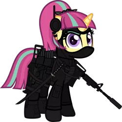 Size: 6000x5999 | Tagged: safe, artist:n0kkun, derpibooru import, sour sweet, ponified, pony, unicorn, armor, assault rifle, belt, body armor, boots, clothes, commission, disguise, disguised changeling, ear piercing, earring, equestria girls ponified, eyeshadow, female, freckles, gloves, gun, handgun, headset, jacket, jewelry, katana, m4a1, makeup, mare, mask, mercenary, ninja, pants, piercing, pistol, pouch, rifle, shoes, simple background, smiling, smirk, solo, submachinegun, sword, transparent background, ump45, weapon