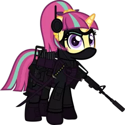 Size: 6000x5999 | Tagged: safe, alternate version, artist:n0kkun, derpibooru import, sour sweet, ponified, pony, unicorn, armor, assault rifle, belt, body armor, boots, clothes, commission, disguise, disguised changeling, ear piercing, earring, equestria girls ponified, eyeshadow, female, freckles, gloves, gun, handgun, headset, jacket, jewelry, katana, m4a1, makeup, mare, mask, mercenary, ninja, pants, piercing, pistol, pouch, rifle, shoes, simple background, smiling, smirk, solo, submachinegun, sword, transparent background, ump45, weapon