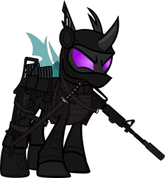 Size: 6000x6458 | Tagged: safe, alternate version, artist:n0kkun, derpibooru import, sour sweet, ponified, changeling, pony, armor, assault rifle, belt, body armor, boots, changelingified, clothes, commission, disguise, equestria girls ponified, female, freckles, gloves, gun, handgun, headset, jacket, katana, m4a1, mare, mask, mercenary, ninja, pants, piercing, pistol, pouch, rifle, shoes, simple background, smiling, smirk, solo, species swap, submachinegun, sword, transparent background, ump45, weapon
