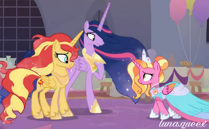 Size: 2029x1254 | Tagged: safe, artist:luna.queex, derpibooru import, edit, edited screencap, screencap, luster dawn, princess twilight 2.0, sunset shimmer, twilight sparkle, twilight sparkle (alicorn), alicorn, pony, the last problem, alicornified, balloon, clothes, dress, ethereal mane, female, hoof shoes, lustercorn, mare, older, peytral, race swap, raised hoof, shimmercorn, starry mane