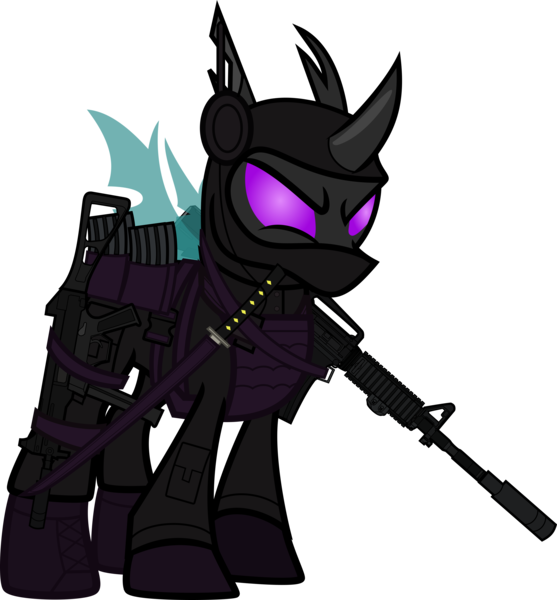 Size: 6000x6458 | Tagged: safe, alternate version, artist:n0kkun, derpibooru import, sour sweet, ponified, changeling, pony, armor, assault rifle, belt, body armor, boots, changelingified, clothes, commission, disguise, equestria girls ponified, female, freckles, gloves, gun, handgun, headset, jacket, katana, m4a1, mare, mask, mercenary, ninja, pants, piercing, pistol, pouch, rifle, shoes, simple background, smiling, smirk, solo, species swap, submachinegun, sword, transparent background, ump45, weapon