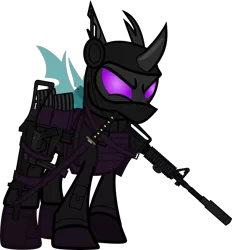 Size: 6000x6458 | Tagged: safe, alternate version, artist:n0kkun, derpibooru import, sour sweet, ponified, changeling, pony, armor, assault rifle, belt, body armor, boots, changelingified, clothes, commission, disguise, equestria girls ponified, female, freckles, gloves, gun, handgun, headset, jacket, katana, m4a1, mare, mask, mercenary, ninja, pants, piercing, pistol, pouch, rifle, shoes, simple background, smiling, smirk, solo, species swap, submachinegun, sword, transparent background, ump45, weapon