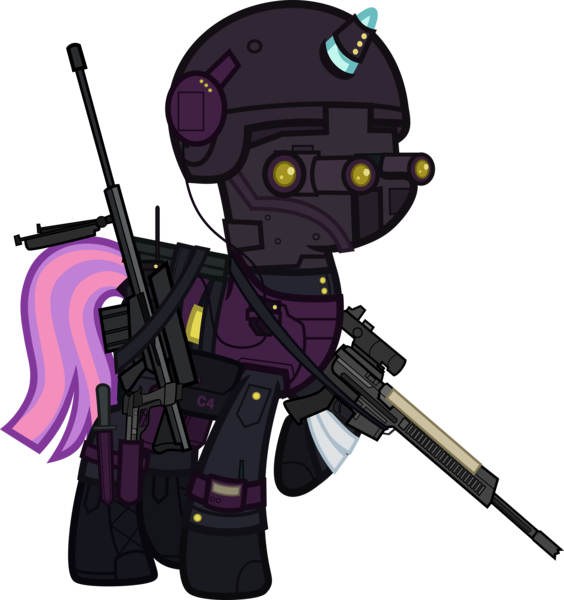 Size: 6000x6385 | Tagged: safe, alternate version, artist:n0kkun, derpibooru import, sunny flare, ponified, pony, unicorn, ar-57, armor, assault rifle, auto-9, bag, bandage, belt, boots, c4, clothes, cobra assault cannon, commission, equestria girls ponified, female, gloves, goggles, gun, handgun, headset, helmet, knee pads, knife, mare, mask, mercenary, night vision goggles, pants, pistol, radio, raised hoof, rifle, robocop, saddle bag, shoes, simple background, solo, transparent background, watch, weapon, wristwatch