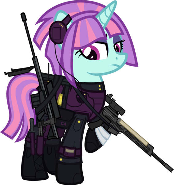 Size: 6000x6355 | Tagged: safe, alternate version, artist:n0kkun, derpibooru import, sunny flare, ponified, pony, unicorn, ar-57, armor, assault rifle, auto-9, bag, bandage, belt, boots, c4, clothes, cobra assault cannon, commission, equestria girls ponified, eyeshadow, female, gloves, goggles, gun, handgun, headset, helmet, knee pads, knife, makeup, mare, mercenary, pants, pistol, radio, raised hoof, rifle, robocop, saddle bag, shoes, simple background, solo, transparent background, watch, weapon, wristwatch