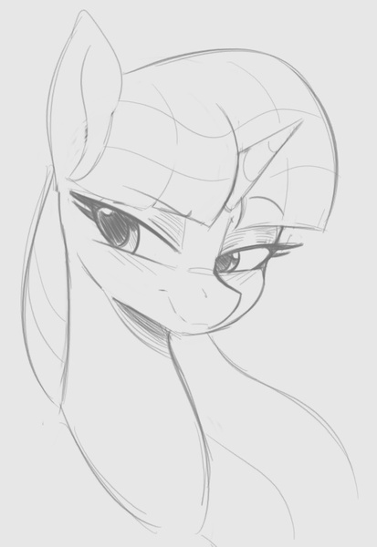 Size: 569x826 | Tagged: safe, artist:tre, derpibooru import, twilight sparkle, pony, unicorn, bashful, blushing, bust, eyeshadow, female, gray background, half-lidded eyes, looking to side, makeup, mare, monochrome, raised eyebrow, simple background, sketch, solo