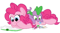 Size: 2000x1100 | Tagged: safe, artist:skookz, derpibooru import, pinkie pie, spike, dragon, pony, baby, baby dragon, book, comic book, cute, duo, female, happy, hooves on cheeks, laying on stomach, lying down, lying on top of someone, male, mare, reading, simple background, spikabetes, transparent background