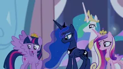 Size: 1280x720 | Tagged: safe, derpibooru import, screencap, princess cadance, princess celestia, princess luna, twilight sparkle, twilight sparkle (alicorn), alicorn, pony, twilight's kingdom, alicorn tetrarchy, ethereal mane, female, jewelry, looking back, mare, peytral, starry mane, tiara, worried, you'll play your part