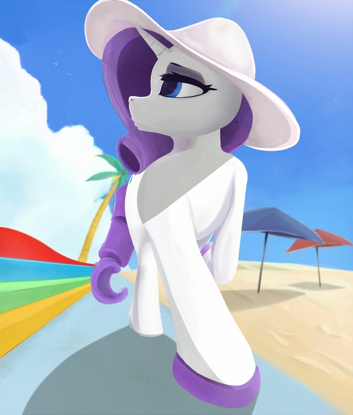 Size: 2608x3066 | Tagged: safe, artist:scarlet wayfarer, derpibooru import, rarity, pony, unicorn, beach, hat, palm tree, sandals, solo, sun hat, tree, umbrella