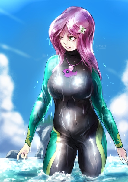 Size: 2893x4092 | Tagged: safe, artist:oberon826, derpibooru import, fluttershy, bat pony, human, equestria girls, equestria girls series, breasts, busty fluttershy, clothes, flutterbat, geode of fauna, magical geodes, race swap, solo, summer, swimsuit, wet, wetsuit