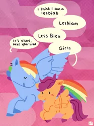 Size: 674x899 | Tagged: safe, artist:beetlefruit, derpibooru import, rainbow dash, scootaloo, pegasus, pony, colored hooves, cute, cutealoo, dashabetes, dialogue, duo, female, filly, flying, implied lesbian, mare, scootaloo can fly