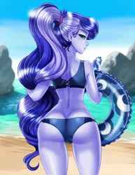 Size: 800x1034 | Tagged: anime, artist:racoonsan, ass, back, beach, beach babe, bikini babe, butt, buttcrack, clothes, colored, color edit, crotch bulge, derpibooru import, edit, editor:drakeyc, equestria girls edit, eyeshadow, female, hips, human, humanized, life preserver, long hair, looking at you, looking back, looking back at you, looking over shoulder, makeup, moonbutt, nail polish, outdoors, ponytail, pool toy, praise the moon, princess luna, sexy, skin color edit, solo, solo female, stupid sexy princess luna, suggestive, summer, sunscreen, swimsuit, thigh gap, thighs