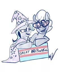 Size: 1764x2048 | Tagged: safe, artist:michael vogel, artist:mktoon, derpibooru import, blue peeler, trixie, oc, earth pony, cape, clothes, earth pony oc, glasses, hat, official fan art, pride, pride flag, simple background, text, transgender pride flag, trixie's cape, trixie's hat, white background