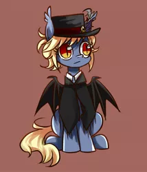 Size: 1149x1344 | Tagged: safe, artist:ce2438, derpibooru import, oc, oc:vesper flare, unofficial characters only, bat pony, pony, unicorn, bat pony oc, bat wings, brown background, clothes, female, hat, mare, simple background, slit eyes, solo, wings