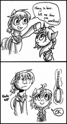 Size: 908x1685 | Tagged: safe, artist:ce2438, derpibooru import, oc, unofficial characters only, earth pony, pony, unicorn, 2 panel comic, business suit, clothes, comic, dialogue, earth pony oc, glowing horn, horn, magic, monochrome, necktie, noose, raised hoof, smiling, telekinesis, unamused, unicorn oc