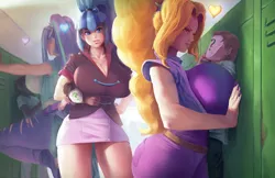 Size: 1539x1000 | Tagged: suggestive, artist:maarthul, derpibooru import, adagio dazzle, aria blaze, sonata dusk, oc, oc:anon, human, a-domme-gio, amazon, ariadom, big breasts, boob smothering, breasts, busty adagio dazzle, busty aria blaze, busty sonata dusk, female, femdom, giantess, huge breasts, humanized, larger female, macro, male, reversed gender roles equestria, size difference, smaller male, smothering, sonatadom, stupid sexy dazzlings, the dazzlings