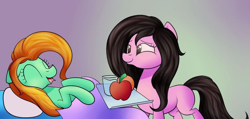 Size: 1280x610 | Tagged: safe, artist:huffy26, derpibooru import, oc, oc:chandelier, oc:limeheart, unofficial characters only, pony, apple, atg 2020, female, food, glass, mare, newbie artist training grounds, orange