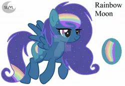 Size: 1280x884 | Tagged: safe, artist:princesslunayay, derpibooru import, oc, oc:rainbow moon, pegasus, pony, base used, birthmark, deviantart, deviantart watermark, ethereal mane, female, gayverse, logo, magical lesbian spawn, mare, multicolored eyes, multicolored hair, multicolored mane, obtrusive watermark, offspring, parent:princess luna, parent:rainbow dash, parents:lunadash, rainbow hair, simple background, smiling, solo, starry mane, watermark, white background