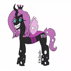 Size: 1280x1280 | Tagged: alternate design, alternate reality, alternate timeline, alternate universe, alternate version, artist:sinsationalstudios, changeling, changelingified, changeling queen, crown, cutie mark, derpibooru import, eyeshadow, female, fluttershy, jewelry, makeup, oc, oc:queen shutterbug, purple changeling, queen fluttershy, regalia, role reversal, safe, simple background, solo, species swap, white background