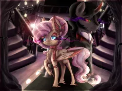 Size: 2000x1500 | Tagged: safe, artist:evehly, derpibooru import, fluttershy, king sombra, crystal pony, pegasus, pony, unicorn, castle, clothes, colored wings, colored wingtips, crystal castle, crystal empire, crystallized, duo, ear piercing, earring, eyeshadow, female, hair bands, hairbands, jewelry, king sideburns, leg band, makeup, male, piercing, queen fluttershy, race swap, red wingtips, scarf, shipping, sombra eyes, sombrashy, straight, suit, twilight (time of day), wings