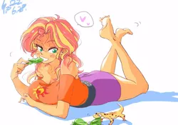 Size: 1000x700 | Tagged: safe, artist:sozglitch, derpibooru import, ray, sunset shimmer, gecko, leopard gecko, equestria girls, barefoot, bedroom eyes, big breasts, blushing, breasts, busty sunset shimmer, cleavage, clothes, crossed legs, feet, female, humans doing horse things, looking down, lying down, sunset wants her old digestive system back, the pose
