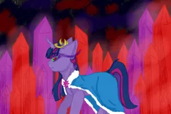 Size: 3000x2000 | Tagged: safe, artist:jeyjeymohr, derpibooru import, part of a set, twilight sparkle, pony, unicorn, alternate timeline, alternate universe, cape, clothes, color change, corrupted, corrupted twilight sparkle, crown, crystal, crystal empire, crystal war timeline, dark, dark equestria, dark magic, dark queen, dark twilight, dark twilight sparkle, dark world, darkened coat, darkened hair, darklight, darklight sparkle, evil, evil twilight, horn, jagged horn, jewelry, magic, midnight crystal, midnight sparkle (sombra), part of a series, queen midnight crystal, regalia, robe, solo, sombra empire, sombra eyes, tumblr:ask midnight crystal, tyrant sparkle, unicorn twilight