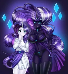 Size: 923x1000 | Tagged: artist:racoonsan, ascension enhancement, babydoll, big breasts, black underwear, blushing, breast envy, breasts, busty nightmare rarity, choker, clothes, collar, colored, color edit, commission, derpibooru import, duality, duo, duo female, edit, editor:drakeyc, equestria girls edit, eyeshadow, female, fingernails, frilly underwear, hand on hip, horn, horned humanization, human, human female, humanized, idw, lingerie, looking at you, makeup, nail polish, nightgown, nightmare rarity, panties, pony coloring, rarity, ribbon, self paradox, skin color edit, smiling, socks, stockings, stupid sexy nightmare rarity, suggestive, thigh highs, underwear
