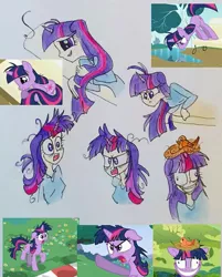 Size: 539x670 | Tagged: safe, artist:lunaart, derpibooru import, screencap, twilight sparkle, bird, human, pony, unicorn, lesson zero, bench, bird nest, floppy ears, hug, humanized, messy mane, reflection, scene interpretation, tail hug, twilight snapple, unicorn twilight