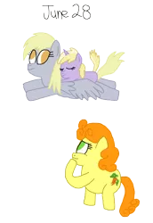 Size: 1280x1865 | Tagged: artist:horroraceman93, carrot top, derpibooru import, derpy hooves, derpytop, dinky hooves, female, flying, golden harvest, lesbian, pride month, safe, shipping