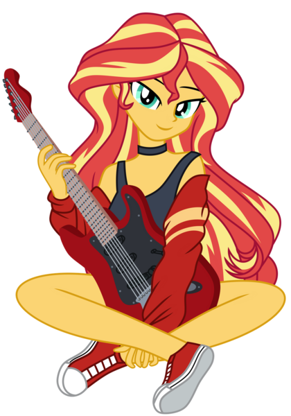 Size: 1024x1463 | Tagged: safe, artist:emeraldblast63, artist:racoonsan, derpibooru import, sunset shimmer, equestria girls, clothes, converse, guitar, musical instrument, shoes, simple background, solo, trace, transparent background