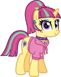 Size: 5000x6298 | Tagged: safe, artist:n0kkun, derpibooru import, sour sweet, ponified, pony, unicorn, choker, clothes, commission, disguise, disguised changeling, ear piercing, earring, equestria girls ponified, eyeshadow, female, freckles, hoodie, jewelry, makeup, mare, necklace, piercing, simple background, solo, spiked choker, transparent background