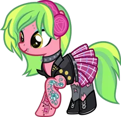 Size: 6000x5816 | Tagged: safe, artist:n0kkun, derpibooru import, lemon zest, ponified, earth pony, pony, belt, boots, choker, clothes, commission, ear piercing, earring, equestria girls ponified, eyebrow piercing, eyeshadow, female, headphones, jacket, jewelry, leather jacket, lip piercing, makeup, mare, nose piercing, piercing, raised hoof, shoes, simple background, skirt, socks, solo, spiked choker, stockings, tattoo, thigh highs, torn clothes, transparent background