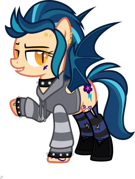 Size: 5000x6606 | Tagged: safe, artist:n0kkun, derpibooru import, indigo zap, ponified, bat pony, pony, bat ponified, bedroom eyes, boots, bracelet, choker, clothes, commission, ear piercing, earring, equestria girls ponified, eyebrow piercing, fangs, female, grin, hoodie, jewelry, mare, piercing, race swap, raised hoof, shoes, simple background, smiling, socks, solo, spiked choker, spiked wristband, striped socks, tattoo, transparent background, wristband