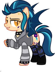 Size: 5000x6606 | Tagged: safe, artist:n0kkun, derpibooru import, indigo zap, ponified, bat pony, pony, bat ponified, bedroom eyes, boots, bracelet, choker, clothes, commission, ear piercing, earring, equestria girls ponified, eyebrow piercing, fangs, female, grin, hoodie, jewelry, mare, piercing, race swap, raised hoof, shoes, simple background, smiling, socks, solo, spiked choker, spiked wristband, striped socks, tattoo, transparent background, wristband