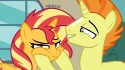 Size: 4000x2250 | Tagged: safe, artist:orin331, derpibooru import, edit, edited screencap, screencap, sunburst, sunset shimmer, sunspot (character), pony, unicorn, absurd resolution, brother and sister, chipmunk cheeks, father and child, father and daughter, female, looking at you, male, siblings, squishy cheeks, sunny siblings