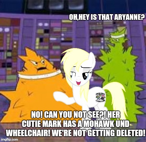 Size: 506x493 | Tagged: safe, artist:dex stewart, derpibooru import, oc, oc:fargate, earth pony, pony, aqua teen hunger force, caption, cutie mark, emory, i can't believe it's not aryanne, i can't believe it's not nazi, meme, mohawk, oglethorpe, op knows exactly what he's doing, plutonians, the powerpuff girls, universal remonster, wheelchair